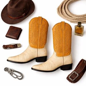 Tony Lama Full Quill Ostrich Cowboy Boots Two Tone Tan Cream Exotic Mens 8D USA